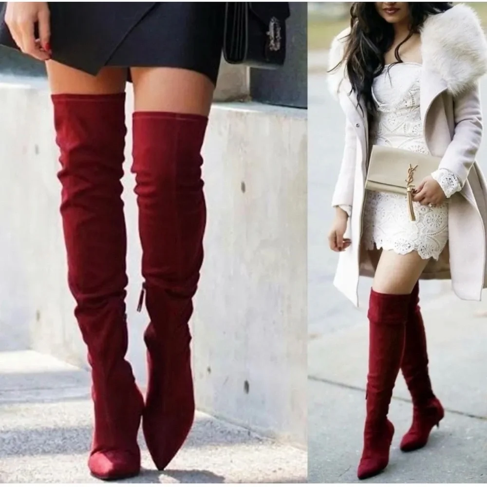 Zara faux Suede Burgundy Red Over Knee High Kitten Heel Pointed boots 6.5 NWT